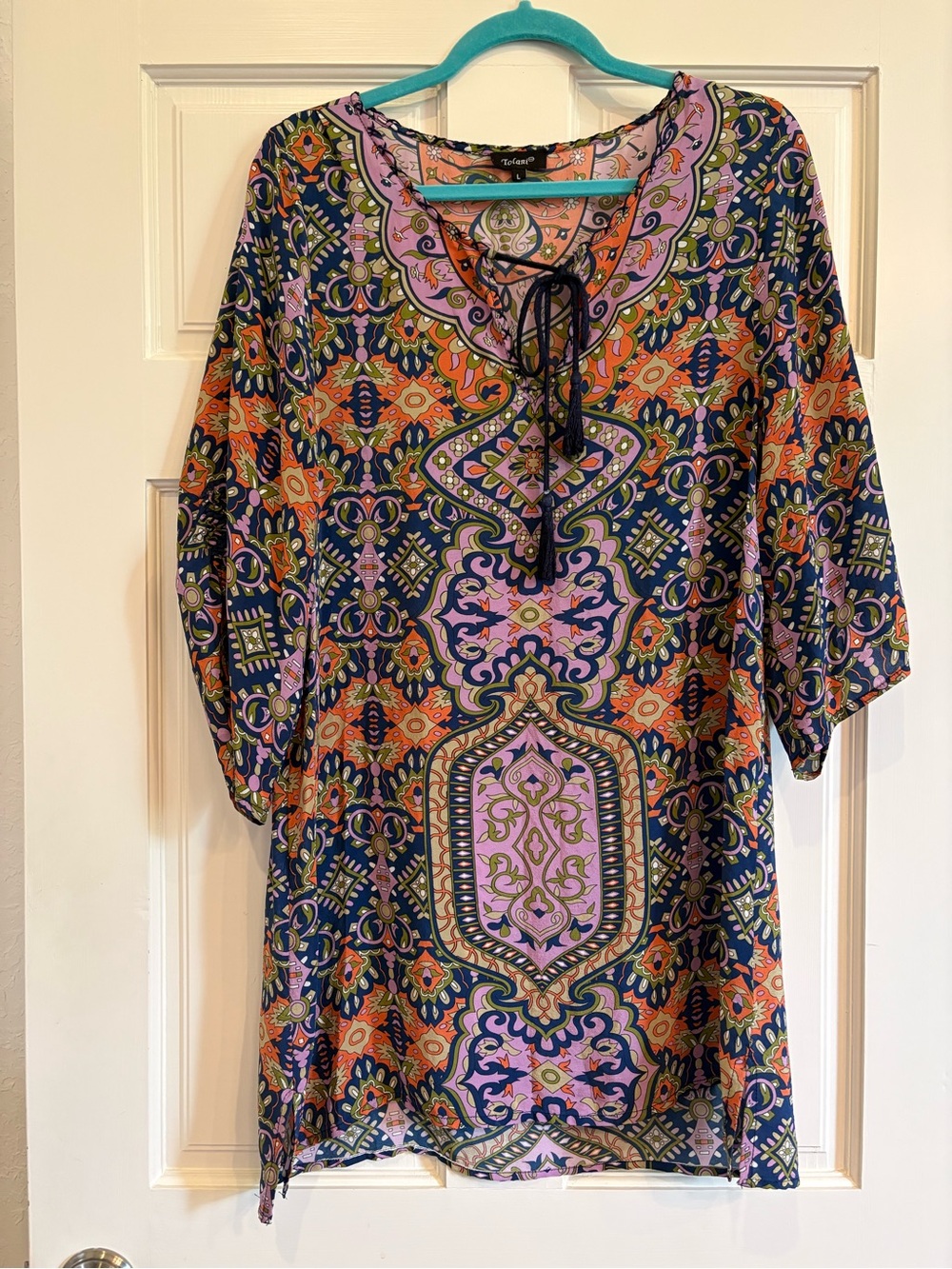Silk Tolani Navy Pink Orange Green Boho Long Sleeve Tunic Dress